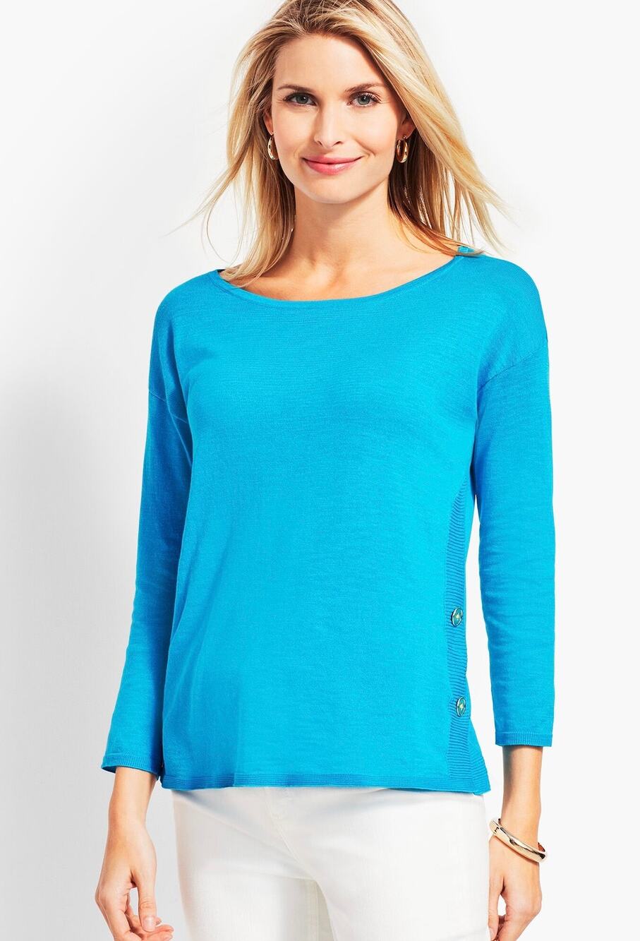 Talbots Womens M Petite Blue Side Button Sweater Pullover Long Sleeve Top Shirt